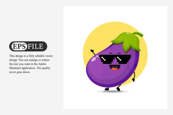 Cute Eggplant Character with Pixel Glass